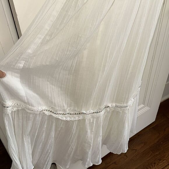 Vintage 70s Jack Kramer White V Neck Crinkle Cloth Flutter Sleeve Maxi Dress - Picture 5 of 8